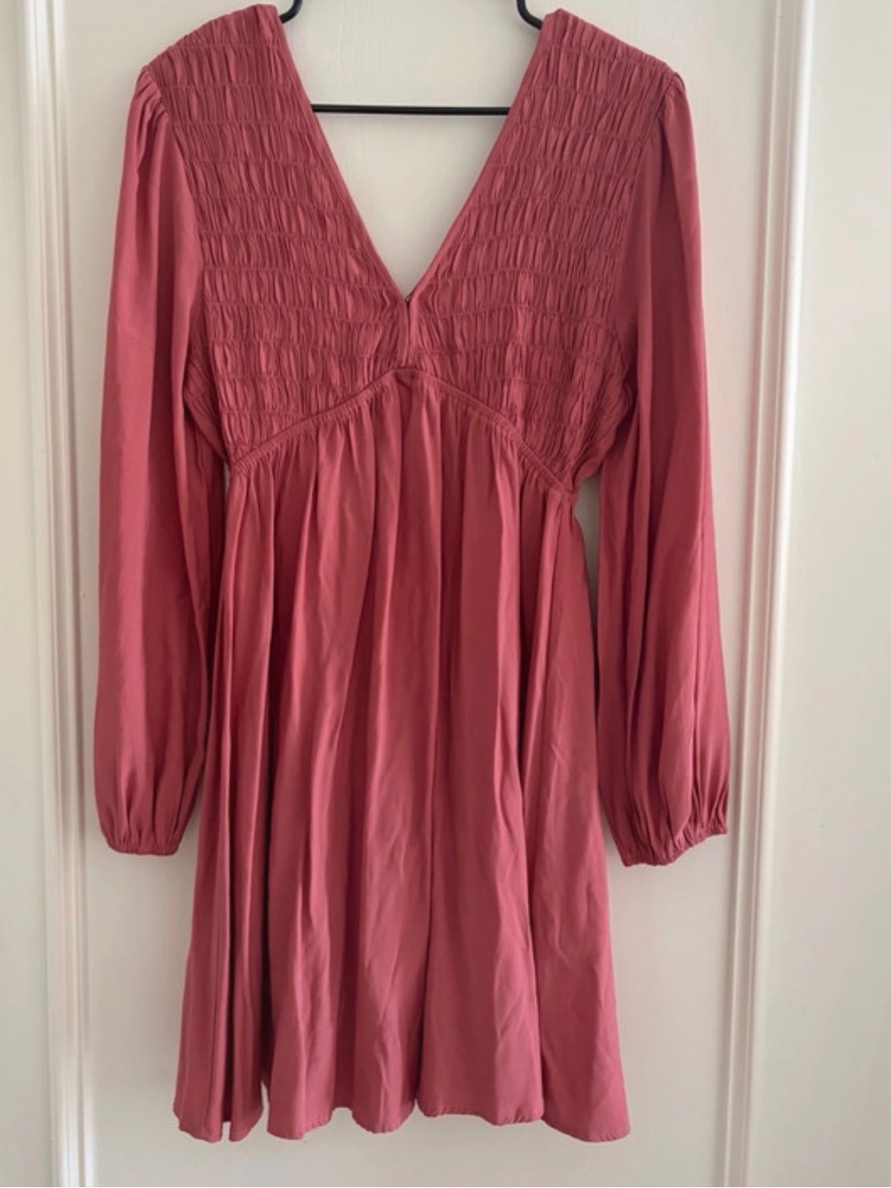 Smocked V-Neck Long Sleeve Mini Dress in Dusty Rose